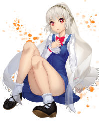 Rule 34 | 1girl, altera (fate), alternate costume, black footwear, blue dress, bobby socks, bow, bowtie, commentary request, dark-skinned female, dark skin, dress, fate/grand order, fate (series), full body, gaoyang ou nisang, head tilt, highres, knees together feet apart, long sleeves, looking at viewer, parted lips, red bow, red bowtie, red eyes, shirt, shoes, short hair, silver hair, sitting, sleeveless, sleeveless dress, sleeves past wrists, socks, solo, veil, white background, white shirt, white socks
