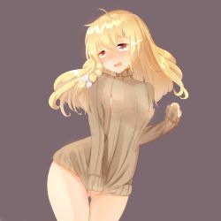 Rule 34 | 1girl, absurdres, bad id, bad pixiv id, blonde hair, blush, bottomless, braid, breasts, clothes pull, covering privates, covering crotch, embarrassed, grey background, highres, kirisame marisa, long hair, long sleeves, medium breasts, naked sweater, nippleless clothes, nipples, nose blush, open mouth, ribbed sweater, see-through, septet (zrca janne), side braid, simple background, solo, sweater, sweater pull, touhou, turtleneck, yellow eyes
