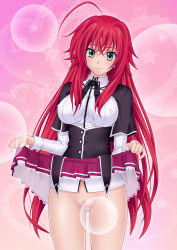 10s 1girl ahoge breasts clothes_lift covered_erect_nipples female_focus green_eyes high_school_dxd highres huge_ahoge large_breasts long_hair nanikairu no_panties pussy red_hair rias_gremory school_uniform skirt skirt_lift solo standing uncensored very_long_hair