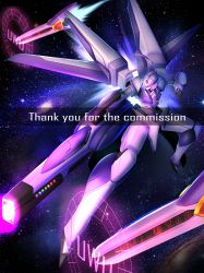 Rule 34 | absurdres, commentary, commission, english commentary, firing, from above, funnels (gundam), gun, highres, holding, holding gun, holding weapon, khaizer, mecha, no humans, open hand, original, pink eyes, robot, science fiction, solo, space, uwu, watermark, weapon