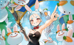 Rule 34 | 1girl, alternate costume, alternate hairstyle, animal ear fluff, animal ears, armpits, black dress, blue hair, blue nails, bow, bowtie, braid, breasts, carrot hair ornament, cleavage, commentary request, day, detached collar, dragon quest, dragon quest builders 2, dress, food-themed hair ornament, fusion, gotou (nekocat), grin, hair bow, hair ornament, highres, holding, holding scythe, hololive, index finger raised, lens flare, light blue hair, long hair, looking at viewer, medium breasts, multicolored hair, nail polish, orange eyes, outdoors, pekomon (usada pekora), rabbit ears, rabbit girl, rabbit tail, red bow, red bowtie, scythe, sky, slime (dragon quest), smile, solo, thick eyebrows, tree, twin braids, twintails, two-tone hair, upper body, usada pekora, usada pekora (1st costume), virtual youtuber, white bow, white hair