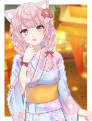 Rule 34 | 1girl, ahoge, alternate costume, animal ear fluff, animal ears, blue kimono, blurry, blurry background, border, bow, braid, cat ears, cat girl, colored eyelashes, commentary request, commission, cowboy shot, floral print, floral print kimono, flower, hair flower, hair ornament, hair ribbon, hand up, highres, indie virtual youtuber, izumiya konomi, japanese clothes, kimono, light blush, long hair, long sleeves, looking at viewer, mhn, obi, open mouth, outline, outside border, pink eyes, pink hair, print kimono, purple flower, red bow, red flower, red ribbon, ribbon, sash, second-party source, skeb commission, smile, solo, twin braids, twintails, virtual youtuber, white border, white flower, white outline, wide sleeves, wrist bow, yellow sash