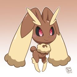 Rule 34 | 2023, artist request, black sclera, body fur, brown fur, chibi, closed mouth, colored sclera, creatures (company), dated, full body, game freak, gen 4 pokemon, highres, long ears, lopunny, nintendo, pokemon, pokemon (creature), rabbit ears, rabbit tail, red eyes, simple background, smile, solo, split mouth, standing, thighs, two-tone fur, yellow fur