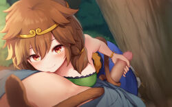 Rule 34 | 1boy, 1girl, bare shoulders, brown hair, handjob, highres, looking at viewer, monkey tail, multicolored clothes, nnyara, outdoors, penis, red eyes, son biten, tail, touhou