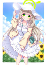 Rule 34 | 1girl, arm up, bag, bare shoulders, between breasts, blue archive, blue sky, blush, breasts, brown jacket, closed mouth, cloud, commentary request, day, dress, field, flower, flower field, frilled dress, frills, green eyes, grey hair, halo, hand on headwear, harada (sansei rain), hat, head tilt, highres, jacket, long sleeves, looking at viewer, medium breasts, nonomi (blue archive), open clothes, open jacket, puffy long sleeves, puffy sleeves, shoulder bag, sky, sleeveless, sleeveless dress, sleeves past wrists, smile, solo, standing, strap between breasts, sunflower, sunflower field, white dress, white hat, yellow flower