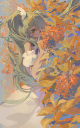 Rule 34 | 1girl, absurdres, aqua hair, armband, blue bow, blush, bow, commentary, covered mouth, dress, feet out of frame, flower, foliage, frilled armband, frills, from side, green eyes, hair ornament, hand up, hatsune miku, highres, hlymoriia, leaf, long hair, looking at viewer, looking to the side, non-web source, outdoors, sidelocks, solo, standing, swept bangs, twintails, very long hair, vocaloid, white dress
