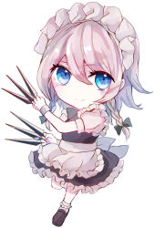 Rule 34 | 1girl, apron, bad id, bad pixiv id, between fingers, black dress, black footwear, blue eyes, bobby socks, bow, braid, chibi, commentary request, dress, frilled apron, frills, full body, green bow, hair between eyes, hair bow, highres, holding, holding knife, holding weapon, izayoi sakuya, jan (lightdragoon), knife, knives between fingers, leg up, light particles, looking at viewer, maid, maid apron, maid headdress, petticoat, puffy short sleeves, puffy sleeves, shoes, short hair, short sleeves, silver hair, simple background, smile, socks, solo, standing, standing on one leg, touhou, twin braids, waist apron, weapon, white apron, white background, white socks, wrist cuffs