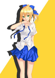 Rule 34 | 1girl, absurdres, alternate costume, alternate hairstyle, arm behind back, artoria pendragon (fate), blonde hair, blue skirt, breasts, collarbone, diagonal stripes, dress shirt, fate/stay night, fate (series), green eyes, highres, ice spirit tarot, legs, looking at viewer, medium breasts, midriff, open mouth, ponytail, saber (fate), shadow, shirt, short hair, skirt, solo, striped, striped background, thighs, white shirt