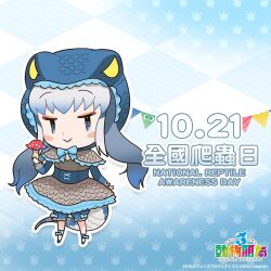 Rule 34 | 1girl, blue eyes, blue hair, bow, bowtie, chinese text, copyright name, highres, hood, kemono friends, kemono friends 3, komodo dragon (kemono friends), kurokw (style), long hair, looking at viewer, official art, solo