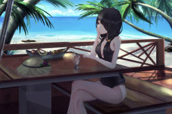 Rule 34 | 10s, 1girl, arm support, beach, black hair, black one-piece swimsuit, breasts, casual one-piece swimsuit, cleavage, date a live, day, hair over one eye, kikivi, crossed legs, long hair, medium breasts, one-piece swimsuit, outdoors, palm tree, red eyes, sitting, smile, solo, swimsuit, tokisaki kurumi, tree, water