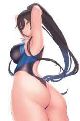 Rule 34 | 1girl, armpits, ass, bare arms, bare shoulders, black hair, black one-piece swimsuit, blue one-piece swimsuit, breasts, competition swimsuit, covered erect nipples, curvy, dog tags, franham, from behind, hair between eyes, highleg, highres, hip focus, idolmaster, idolmaster shiny colors, large breasts, long hair, looking at viewer, one-piece swimsuit, one-piece thong, ponytail, shirase sakuya, simple background, solo, swimsuit, thick thighs, thighs, thong, very long hair, white background, wide hips, yellow eyes