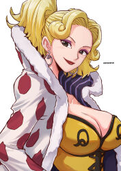 Rule 34 | 1girl, aosora2823, artist name, black eyes, blonde hair, breasts, cleavage, commentary, earrings, highres, honey queen (one piece), hoop earrings, jacket, jewelry, large breasts, lips, looking at viewer, one piece, one piece: clockwork island adventure, polka dot, polka dot jacket, ponytail, short hair, simple background, solo, upper body, white background, white jacket