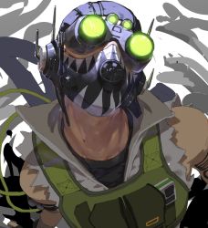 Rule 34 | 1boy, apex legends, arm strap, arm tattoo, bad id, bad twitter id, black headwear, black shirt, cable, cropped vest, glowing, goggles, green vest, head tilt, highres, kawaniwa, looking at viewer, male focus, mask, mole, mole on neck, mouth mask, octane (apex legends), portrait, shirt, solo, tattoo, unfinished, vest, weapon, weapon on back