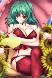 Rule 34 | 1girl, bad id, bad pixiv id, bare shoulders, breast hold, breasts, camisole, cleavage, crossed arms, crossed legs, curvy, female focus, flower, garter straps, green hair, hand fan, kazami yuuka, large breasts, lingerie, midriff, mikan (5555), narrow waist, navel, parasol, plaid, prostration, red eyes, red thighhighs, short hair, sitting, smile, solo, strap slip, sunflower, thighhighs, touhou, umbrella, underwear