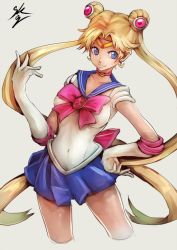 Rule 34 | 1girl, bishoujo senshi sailor moon, blonde hair, blue eyes, blue sailor collar, blue skirt, bow, choker, double bun, earrings, elbow gloves, gloves, hair ornament, hand on own hip, highres, jewelry, long hair, magical girl, md5 mismatch, red bow, resized, sailor collar, sailor moon, skirt, smile, solo, sowel (sk3), tiara, tsukino usagi, twintails, very long hair, white gloves