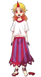 Rule 34 | 1girl, 6 (yuchae), ankle cuffs, arms behind back, barefoot, blonde hair, cuffs, fang, flat chest, full body, geta, horns, hoshiguma yuugi, long hair, long skirt, pointy ears, red eyes, shackles, shirt, shoes, single horn, single shoe, skirt, solo, striped, t-shirt, touhou, vertical stripes, aged down