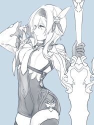 Rule 34 | 1girl, asymmetrical hair, blue background, breasts, closed mouth, commentary, eula (genshin impact), genshin impact, gloves, greatsword, hair ornament, hairband, highres, holding, holding weapon, long sleeves, medium breasts, monochrome, nashi (ykns), necktie, simple background, sketch, solo, sword, thighhighs, weapon