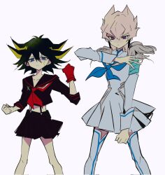 2girls ac_warlock black_hair blonde_hair boots cosplay crossover facial_tattoo fudo_yusei genderswap genderswap_(mtf) jack_atlas kill_la_kill kiryuuin_satsuki kiryuuin_satsuki_(cosplay) living_clothes long_hair matoi_ryuuko matoi_ryuuko_(cosplay) multiple_girls school_uniform skirt suspenders tattoo thigh_boots yu-gi-oh! yu-gi-oh!_5d&#039;s