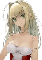 Rule 34 | 10s, 1girl, ahoge, bare arms, bare shoulders, blonde hair, breasts, cleavage, collarbone, dress, eyes visible through hair, fate/extra, fate (series), green eyes, hair between eyes, hair intakes, head tilt, long hair, looking at viewer, medium breasts, mins (minevi), nero claudius (fate), nero claudius (fate) (all), nero claudius (fate/extra), parted lips, simple background, solo, upper body, white background, white dress