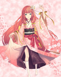 Rule 34 | 1girl, blush, breasts, character request, cherry blossoms, closed mouth, green eyes, hair ribbon, highres, japanese clothes, kimono, long hair, looking at viewer, rakuhei, red hair, ribbon, smile, solo, spring (season)