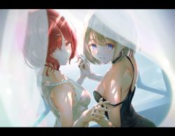 Rule 34 | 2girls, bare shoulders, black dress, black nails, blue eyes, breasts, commentary request, curtains, dress, earrings, grin, hair between eyes, higuchi madoka, holding hands, idolmaster, idolmaster shiny colors, interlocked fingers, jewelry, letterboxed, looking at viewer, looking back, mole, mole under eye, multiple girls, nail polish, open mouth, red eyes, red hair, ribbed dress, serizawa asahi, short hair, sleeveless, sleeveless dress, small breasts, smile, sunvinegar, swept bangs, white dress, window