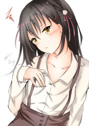 Rule 34 | 1girl, black hair, blush, brown eyes, brown skirt, cafe stella to shinigami no chou, collarbone, collared shirt, commentary request, dakkusu, dated, dress shirt, earrings, flower, hair between eyes, hair flower, hair ornament, hair ribbon, hairclip, hand up, highres, jewelry, long hair, long sleeves, parted lips, pink ribbon, ribbon, rose, shiki natsume, shirt, signature, simple background, skirt, sleeves past wrists, solo, squiggle, stud earrings, suspender skirt, suspenders, white background, white flower, white rose, white shirt