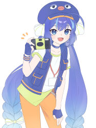 Rule 34 | 1girl, ahoge, alternate costume, aqua hair, blue choker, blue eyes, blue gloves, blue hair, blue hat, blue vest, blush, bow, camera, choker, collarbone, eel hat, fang, fingerless gloves, fingernails, gloves, gradient hair, green trim, hair between eyes, hair bow, hand on own thigh, hat, highres, holding, holding camera, long hair, looking at viewer, low-braided long hair, low-tied long hair, low twintails, multicolored hair, open mouth, orange pants, orange trim, otomachi una, pants, shirt, short sleeves, smile, solo, streaked hair, suiso sn3, twintails, very long hair, vest, vocaloid, white background, white bow, white shirt