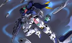 Rule 34 | absurdres, beam rifle, bit (gundam), clenched hand, commentary, cosmo-5, energy gun, english commentary, exhaust, flying, glowing, glowing eyes, green eyes, grey background, gun, gundam, gundam aerial rebuild, gundam suisei no majo, highres, holding, holding gun, holding weapon, mecha, mobile suit, no humans, robot, signature, solo, thrusters, v-fin, weapon