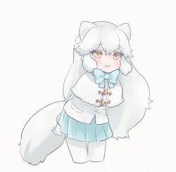 Rule 34 | 1girl, animal ears, arctic fox (kemono friends), arms behind back, blue bow, blue bowtie, blue skirt, blush, bow, bowtie, capelet, coat, commentary request, cowboy shot, extra ears, fox ears, fox girl, fox tail, gloves, highres, jacket, kemono friends, kuromitsu (9633 kmfr), leaning forward, long hair, long sleeves, looking at viewer, pantyhose, pleated skirt, skirt, solo, tail, white capelet, white gloves, white hair, white jacket, white pantyhose, winter clothes, winter coat, yellow eyes