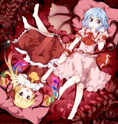 Rule 34 | 2girls, argyle, argyle background, argyle clothes, ascot, barefoot, bat wings, blonde hair, blue hair, cup, dress, drinking glass, female focus, flandre scarlet, glowing, glowing wings, highres, holding hands, laevatein, looking at viewer, lying, multiple girls, on back, open mouth, outstretched arm, outstretched hand, pillow, pink dress, puffy sleeves, red dress, red eyes, remilia scarlet, ruu (tksymkw), short sleeves, siblings, sisters, smile, spilling, touhou, upside-down, wine glass, wings, wrist cuffs