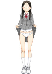 Rule 34 | 1girl, black eyes, black hair, blazer, blush, bow, bow panties, closed mouth, clothes lift, commentary, cross-laced footwear, crotch seam, dress shirt, full body, grey jacket, grey skirt, jacket, lifted by self, light frown, long hair, long sleeves, looking at viewer, maburu (lojyq1eur3e8bit), miniskirt, neck ribbon, original, panties, pleated skirt, red ribbon, ribbon, school uniform, shirt, shoes, simple background, skirt, skirt lift, sneakers, socks, solo, standing, straight hair, swept bangs, underwear, white background, white footwear, white panties, white shirt, white socks, wing collar