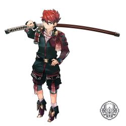 Rule 34 | 10s, 1boy, adapted costume, aged down, boots, child, crest, full body, hand on own hip, male focus, ookanehira (touken ranbu), over shoulder, pointy hair, red hair, short hair, sword, sword over shoulder, touken ranbu, u 0048, uniform, weapon, weapon over shoulder
