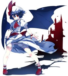 Rule 34 | 1girl, ascot, bat wings, bloomers, blue hair, bow, brooch, clothes lift, dress, dress lift, full body, hat, hat bow, highres, ikurauni, jewelry, looking up, mob cap, nail polish, open hand, puffy short sleeves, puffy sleeves, red eyes, red footwear, red nails, remilia scarlet, ribbon-trimmed bloomers, ribbon trim, scarlet devil mansion, serious, shadow, shoes, short sleeves, simple background, socks, solo, spread legs, stance, touhou, underwear, white background, white dress, white socks, wind, wings, wrist cuffs