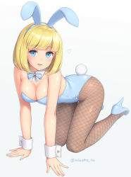 Rule 34 | 1girl, all fours, animal ears, bare shoulders, blonde hair, blue bow, blue bowtie, blue eyes, bow, bowtie, breasts, brown pantyhose, cleavage, detached collar, fake animal ears, fishnet pantyhose, fishnets, grey background, high heels, leotard, looking at viewer, medium breasts, open mouth, original, pantyhose, playboy bunny, pumps, rabbit ears, rabbit tail, sasaame, short hair, solo, strapless, strapless leotard, tail, wrist cuffs
