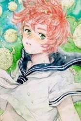 Rule 34 | 1boy, blue sailor collar, bubble, floating, food, freckles, fruit, green eyes, haruki (charmant amour), highres, looking to the side, male focus, melon, midriff peek, orange hair, original, painting (medium), red hair, sailor collar, sailor shirt, shirt, signature, solo, t-shirt, traditional media, upper body, watercolor (medium)