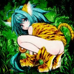Rule 34 | 1girl, :o, ahoge, all fours, animal costume, animal ears, animal hands, animal print, ankle boots, aqua hair, ass, bad id, bad twitter id, beads, blue eyes, boots, bottomless, cat ears, cat tail, cham cham, claws, gloves, grass, hair beads, hair between eyes, hair ornament, inactive account, jungle, long hair, low-tied long hair, nature, parted lips, paw gloves, paw shoes, ponsuke (pon00000), samurai spirits, shoes, solo, squatting, tail, tiger costume, tiger ears, tiger paws, tiger print, tiger stripes, tiger tail, tree, very long hair