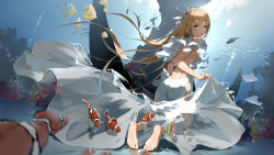 Rule 34 | 1girl, absurdres, angelfish, backless dress, backless outfit, barefoot, blonde hair, blush, bodhi wushushenghua, breasts, brown eyes, chinese commentary, clownfish, commentary request, copyright request, crown, dress, feet, fish, from behind, full body, hair ribbon, highres, kneeling, long hair, looking at viewer, looking back, manta ray, medium breasts, mini crown, ocean, parted lips, ribbon, skirt hold, sleeveless, sleeveless dress, soles, solo, tropical fish, underwater, very long hair, white dress, white ribbon