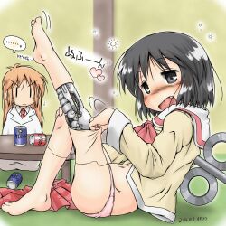 Rule 34 | 2girls, android, artist name, barefoot, beer can, black eyes, black hair, blush, blush visible through hair, can, collared shirt, commentary request, dated, drink can, drunk, fang, feet, from side, full body, gaketsu, highres, joints, lab coat, leg up, long hair, long sleeves, looking at viewer, multiple girls, navel, neckerchief, necktie, nichijou, nose blush, open mouth, orange hair, panties, partially translated, pink panties, plaid, plaid skirt, pleated skirt, professor shinonome, red neckerchief, red necktie, red skirt, robot girl, robot joints, sailor collar, shinonome nano, shirt, short hair, signature, skirt, smile, stomach, toes, tongue, translation request, underwear, undressing, unworn skirt, v-shaped eyebrows, white sailor collar, white shirt