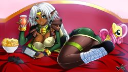 Rule 34 | 1990s (style), aisha clanclan, bed, breasts, chips (food), dark skin, fluttershy, food, jadenkaiba, large breasts, lying, my little pony, my little pony: friendship is magic, nail polish, outlaw star, pantyhose, pink hair, playing games, potato chips, retro artstyle, smile