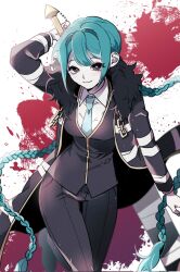 Rule 34 | 1girl, 3cnfw, aqua hair, black coat, black eyes, black jacket, black pants, blue necktie, braid, closed mouth, coat, collared shirt, e.g.o (project moon), employee (project moon), highres, holding, holding sword, holding weapon, jacket, lobotomy corporation, long hair, long sleeves, looking at viewer, low twin braids, necktie, pants, project moon, shirt, smile, sword, twin braids, very long hair, weapon, white shirt