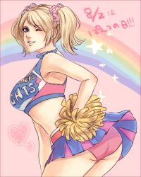 Rule 34 | 1girl, ass, bad id, bad pixiv id, belt, bent over, blonde hair, blue eyes, breasts, cheerleader, clothes writing, crop top, grasshopper manufacture, grin, hand on own hip, heart, juliet starling, large breasts, lips, lollipop chainsaw, long hair, looking at viewer, looking back, lotter75, midriff, miniskirt, one eye closed, panties, pantyshot, pink panties, pleated skirt, pom pom (cheerleading), rainbow, scrunchie, short twintails, sideboob, skirt, smile, solo, star (symbol), twintails, underwear, upskirt, wink, wristband
