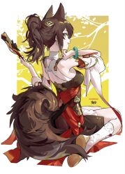 Rule 34 | 1girl, :d, animal ears, boots, bracelet, breasts, brown eyes, brown hair, commentary request, dress, fox ears, fox tail, gohanduck, hair ornament, highres, holding, honkai: star rail, honkai (series), jewelry, large tail, looking at viewer, medium breasts, open mouth, ponytail, sidelocks, sitting, sleeveless, sleeveless dress, smile, solo, tail, tingyun (honkai: star rail), wariza, white footwear