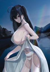Rule 34 | 1girl, :o, absurdres, azur lane, black hair, breasts, clothes lift, dress, dress lift, earrings, feet out of frame, garter belt, garter straps, hair between eyes, hair ornament, highres, jewelry, large breasts, long hair, looking at viewer, maanu, open mouth, panties, red eyes, sideboob, solo, standing, taihou (azur lane), taihou (temptation on the sea breeze) (azur lane), thighhighs, underwear, white dress, white panties, white thighhighs