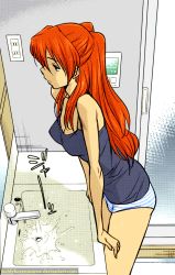 Rule 34 | 1girl, :|, arm support, bare shoulders, bathroom, blue eyes, blue panties, breasts, camisole, casual, cleavage, closed mouth, colorized, cowboy shot, dotted line, electrical outlet, expressionless, faucet, from above, from side, hair between eyes, hair over shoulder, halftone, indoors, leaning forward, long hair, looking to the side, medium breasts, neon genesis evangelion, no pants, orange hair, panties, parted bangs, sink, solo, souryuu asuka langley, standing, striped clothes, striped panties, underwear, water, watermark, web address, white panties