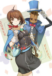 Rule 34 | 1girl, ace attorney, ahoge, black dress, blue capelet, breasts, brooch, brown eyes, brown hair, capelet, character request, closed mouth, cowboy shot, dress, gloves, hand up, hat, highres, index finger raised, jewelry, looking at viewer, mr hat, shop p, short dress, short hair, small breasts, solo, top hat, trucy wright, white gloves