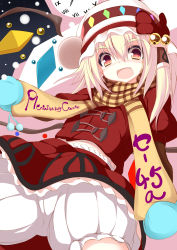 Rule 34 | 1girl, bell, blonde hair, bloomers, blush, bow, clock, fang, female focus, flandre scarlet, hat, hat bow, highres, mittens, open mouth, red eyes, scarf, short hair, side ponytail, skirt, skirt set, smile, snow, snowing, solo, sukage, touhou, underwear, wings