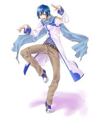 Rule 34 | 1boy, ayo, bad id, bad pixiv id, blue eyes, blue hair, blue scarf, headset, kaito (vocaloid), male focus, matching hair/eyes, open mouth, scarf, simple background, solo, standing, standing on one leg, vocaloid