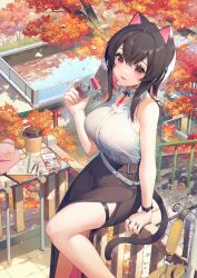Rule 34 | 1girl, akizone, animal ears, autumn leaves, bag, bare arms, bare legs, bare shoulders, belt, black choker, black hair, black skirt, breasts, camera, cat ears, cat tail, cellphone, choker, collared shirt, cup, day, disposable cup, hand up, handbag, highres, holding, jewelry, large breasts, leaf, long hair, long skirt, looking at viewer, loose belt, maple leaf, open mouth, original, outdoors, phone, red eyes, ring, shirt, shirt tucked in, side slit, sitting, skirt, sleeveless, sleeveless shirt, smartphone, smile, solo, stairs, tail, thigh strap, tree, white shirt, wristband