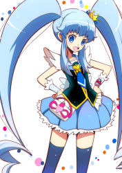 Rule 34 | 10s, 1girl, armpits, arms up, black thighhighs, blue eyes, blue hair, blue skirt, blue thighhighs, brooch, character name, crown, cure princess, eyelashes, happinesscharge precure!, happy, heart, heart brooch, jewelry, long hair, looking at viewer, magical girl, matching hair/eyes, open mouth, precure, shirayuki hime, shirono, shirt, skirt, smile, solo, thighhighs, thighs, twintails, white background, wrist cuffs, zettai ryouiki
