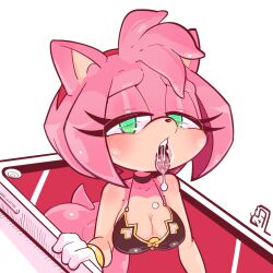 Rule 34 | 1girl, alternate breast size, amy rose, animal ears, animal nose, artist name, bare shoulders, bikini, black bikini, black choker, blush, bob cut, bottomless, breasts, bubble, cellphone, choker, cleavage, clothing cutout, colored skin, commission, drooling, female focus, furry, furry female, gloves, green eyes, hairband, half-closed eyes, hand up, heart cutout, highres, large breasts, leaning forward, looking at viewer, multicolored skin, o-ring, o-ring bikini, o-ring top, open mouth, phone, pink hair, pink skin, red hairband, saliva, shiny skin, short hair, sidelocks, signature, simple background, smartphone, solo, sonic (series), swimsuit, tail, teeth, through medium, through screen, tongue, tongue out, two-tone skin, vixycore, white background, white gloves